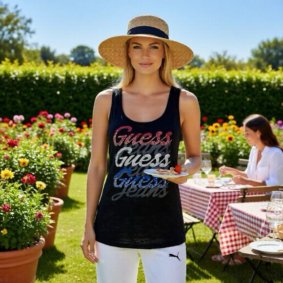 Guess Logo Women Size Large Tank Top Dark Black Rhinestone Goth Grunge Y2K Retro - Picture 1 of 9